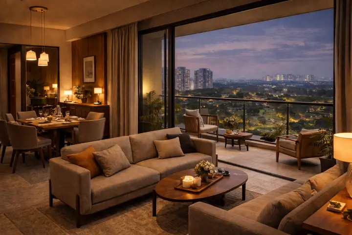 Godrej Aveline 3 BHK living room with floor-to-ceiling balcony glazing Godrej Aveline 3 BHK living room with floor-to-ceiling balcony glazing