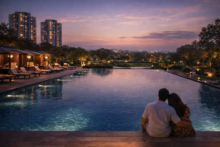 Infinity pool and clubhouse view at Godrej Aveline